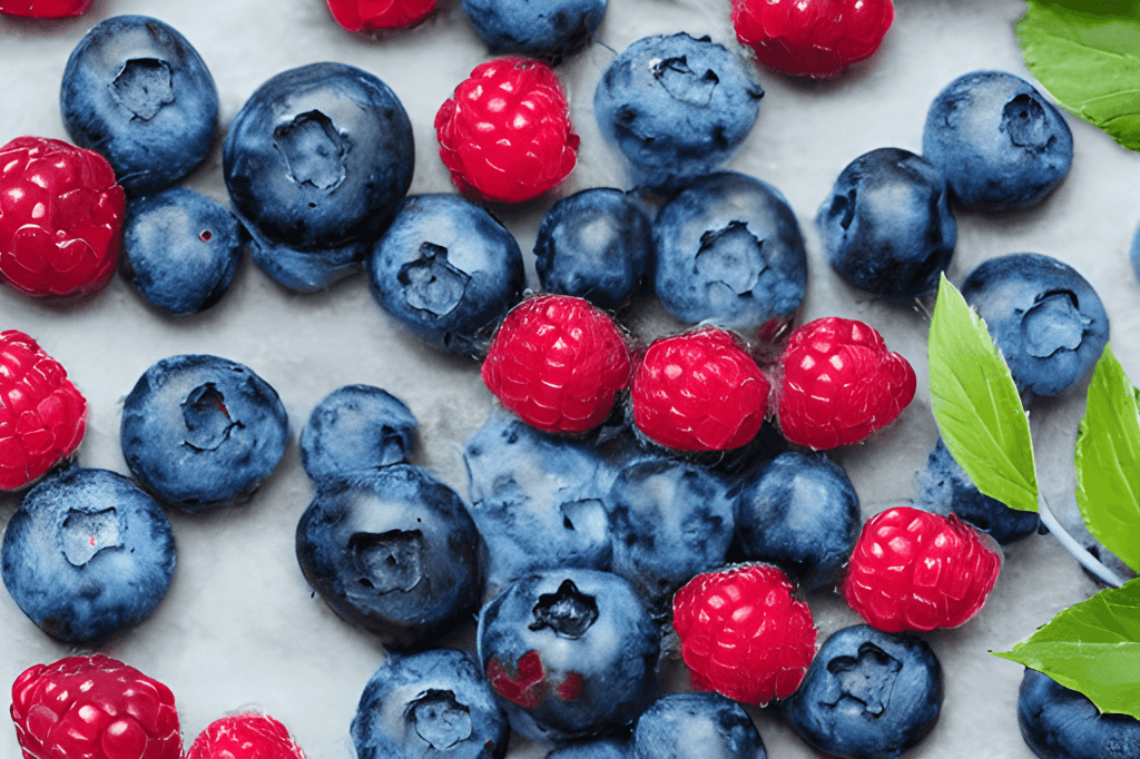 A comparison of blueberries and raspberries on a white surface, representing the nutritional comparison between the two fruits.